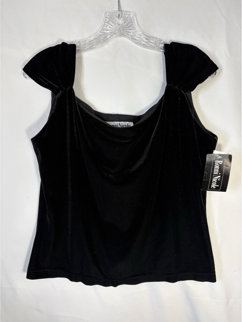 Vintage Ronni Nicole Black Velvet Top L NWT Cowl Neck Ruched Cap Sleeve Y2K